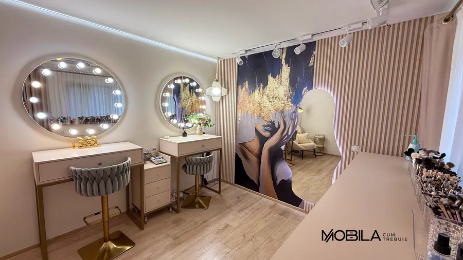 Dressing cu masă de machiaj și oglinzi rotunde iluminate
